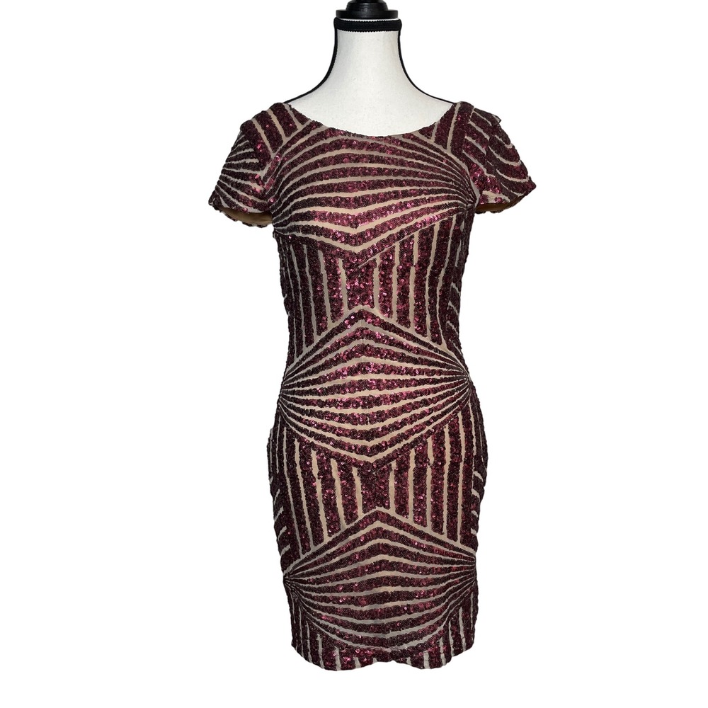 Just Me‎ Sequin Dress Small Burgundy Cocktail Party Bodycon Mini Art Deco Glam